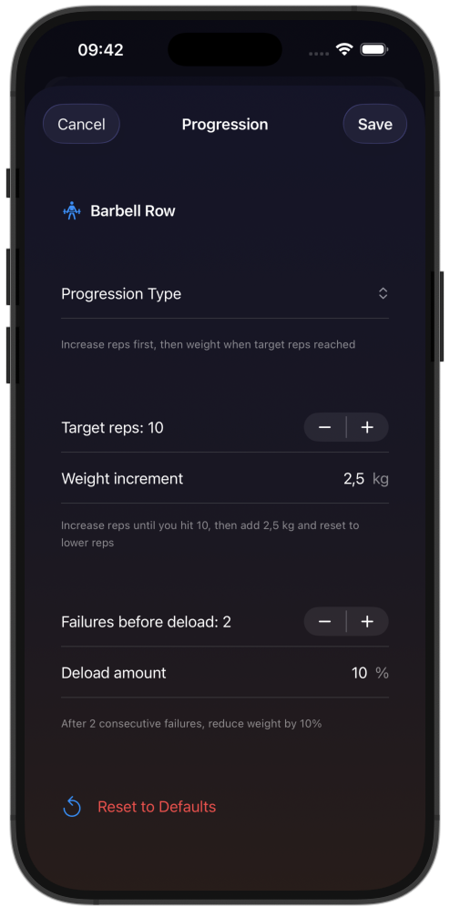 AddFive double progression rule showing target rep range and weight increment settings
