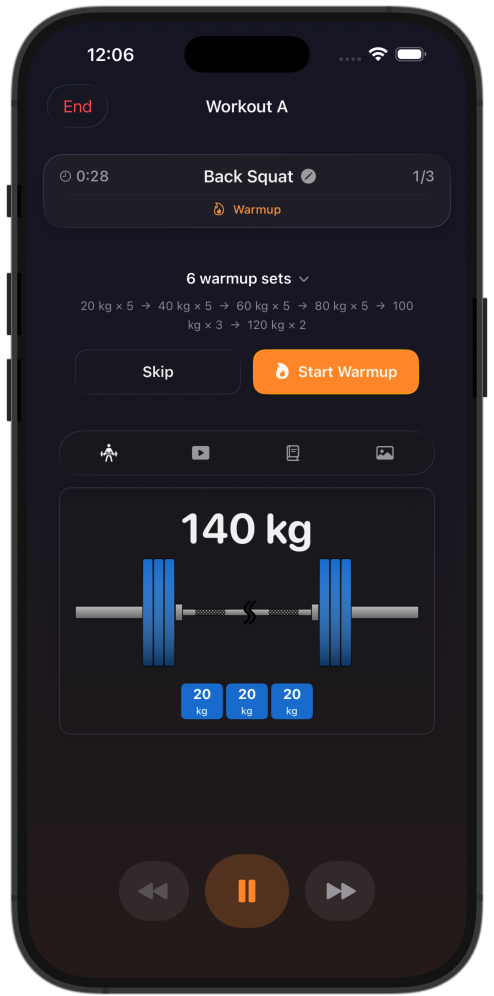 AddFive warmup calculator showing plate breakdown for each warmup step