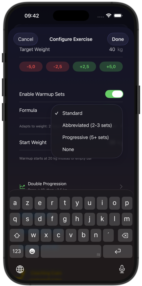 AddFive warmup formula picker showing Standard, Abbreviated, Progressive, and None options
